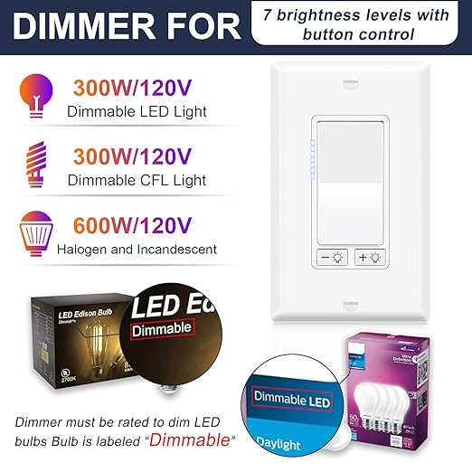 Dimmer Light Switch,Greencycle 4PK 3 Way Dimmer Switch for Dimmable 150W LED CFL Light,600W Halogen and Incandescent,15A 120V,Neutral Wire Not Required,Residential/Commercial,ETL Listed