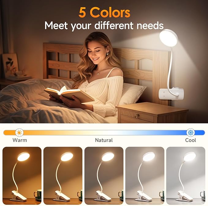 Mubarek Desk Light,3600mAh Battery Operated Light,5 Brightness+5 Color Clip on Reading Lamp,400LM 36 LED Desk Lamp with Clamp,Rechargeable Lamps Cordless Lamps, Reading Lights for Books in Bed,Table