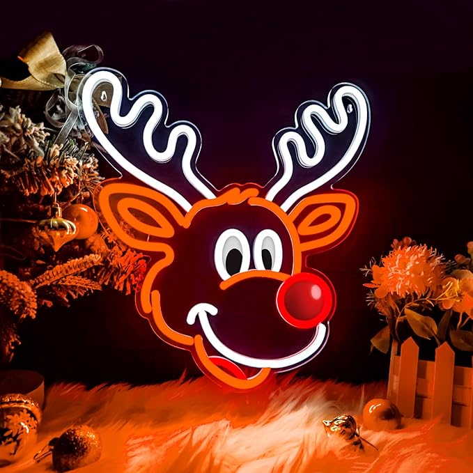 Christmas Elk Window Lights Decorations Indoor, Christmas Deer Neon Signs for Holiday Indoor Wall Door Glass Decor(White Elk)