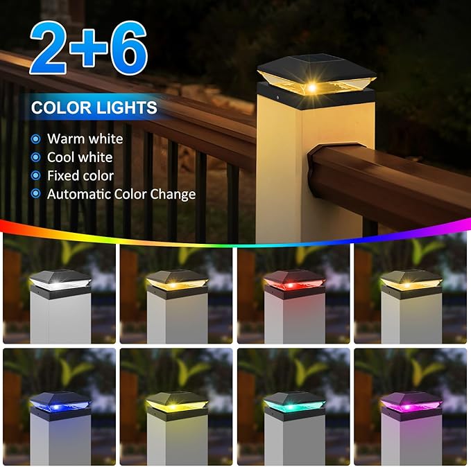 T-SUN Solar Post Cap Lights with Auto-Change Colors- for Wooden (4x4/6x6) & Vinyl (4x4/5x5) Posts | Weatherproof Outdoor Solar Fence Post Lights for Deck, Porch, Garden & Stairs(12-Pack,RGB)
