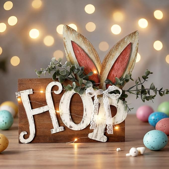 Leinuosen Easter Table Decoration Wooden Sign with LED Lights, Easter Lighted Decor Rustic Farmhouse Table Centerpiece with 3D LED Bunny Ears for Tiered Tray Home Spring Party Decor