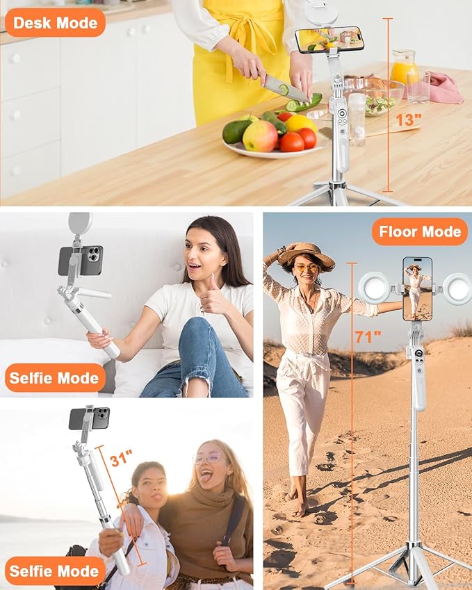 71” Auto Face Tracking Tripod for iPhone with Light,360° Rotating Phone Stand with Rechargeable Remote Control for TikTok Vlog, Phone Tripod for Android Camera/GoPro/Ring Light (White)
