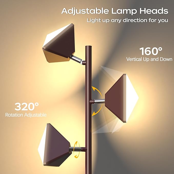 LED Tree Floor Lamp, 36W Dimmable Tall Standing Lamp with Remote & Touch Control, 2700K-6500K 4 Color Temperatures, 3 Rotatable LED Lights Floor Lamps for Living Room, Bedroom, Office - Brown