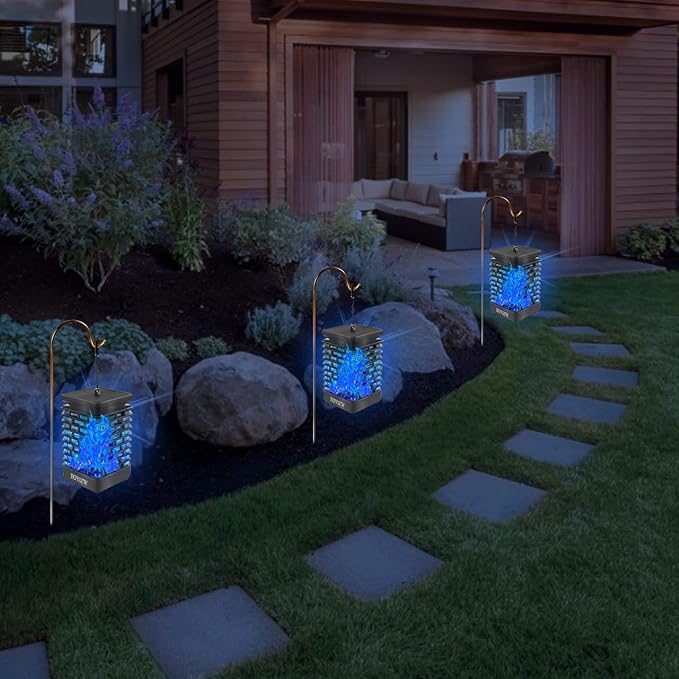 EOYIZW Solar Lights Outdoor, 99 LEDs Flickering Flame Lantern for Garden Decor- 2 Pack Waterproof Solar Garden Lights for Patio Yard Porch Lawn Decorations Blue