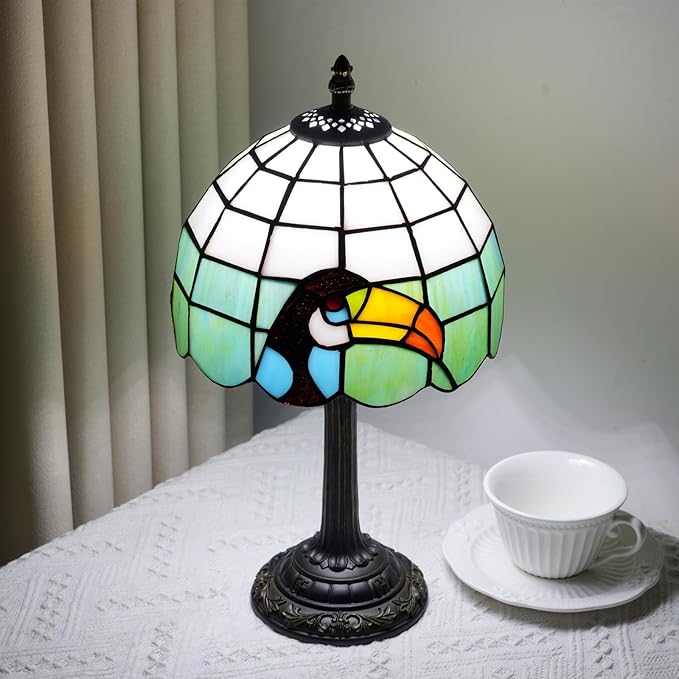 Small Tiffany Lamp Stained Glass Lamp Retro Style Bird Toucan Reading Bedside Table Lamp for Bedrooms Kitchen Dormitories Studies Antique Home Restaurant Office Decor Children's Gift 8 Inch