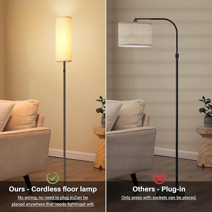 Cordless Floor Lamp for Living Room, with 3 Color Temperature and Pull Cord Switch, 8000mAh Battery Operated Portable Rechargeable Modern Standing