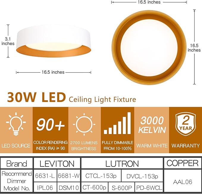 Bargeni 16.5 inch Dimmable LED Flush Mount Ceiling Light, Matte White with Gold Inside, 3000K/Warm White/30W, Modern Light Fixture for Closet and Hallway