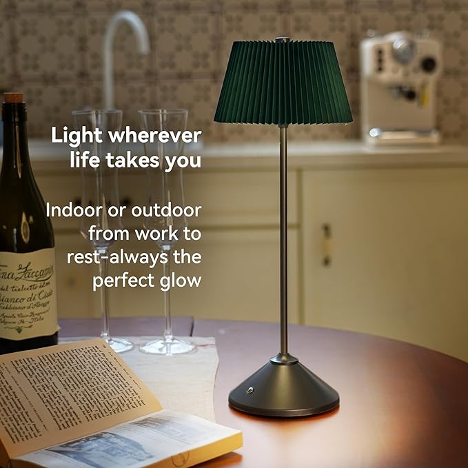 Cordless Rechargeable Table Lamp – 3 Adjustable Color Temperatures, Lightweight & Portable, Matte Metallic Finish, Waterproof, Battery Operated for Indoor& Outdoor Use (Green&Grey)