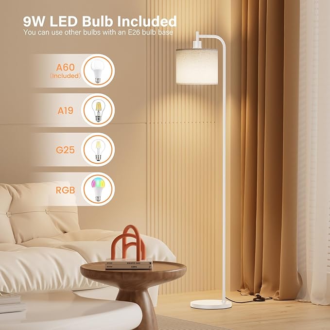 Floor Lamp with Linen Shade, Dimmable Tall Standing Lamp with Remote Control & 3 Color Temperatures, Modern Corner Floor Lamps for Living Room Bedroom Office, 9W LED Bulb Included