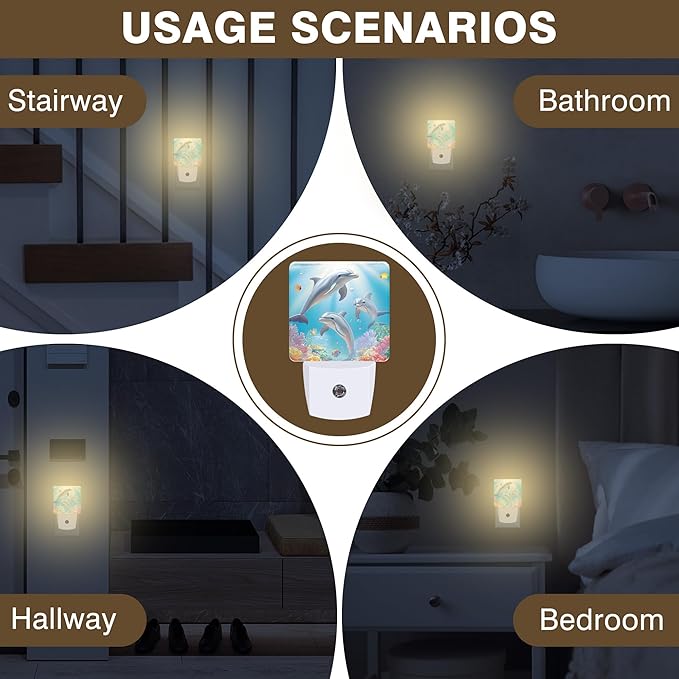 Night Light Dolphin in Colorful Underwater World Night Lights Plug into Wall Smart Dusk to Dawn Sensor 0.5W Energy Efficient Led Lamp for Men Women Bedroom Bathroom Hallway Stairway Decor