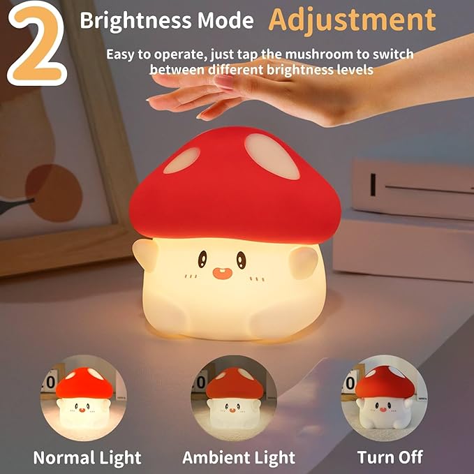 Mushroom Night Light Squishy Lamp, 50Hrs Battery Kids Nightlight, Tap Control, 30Min Auto-Off, Rechargeable Kawaii Bedside Lamp for Girls Room Decor, [Easter Gifts]
