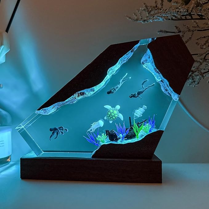 Octopus Ocean Resin Lamp, Handmade Wooden Table Resin Night Light, USB Port Art Ornaments for Home Office Decor, Scuba Diver Gifts for Birthday Holiday, Valentine's Day Gifts for Husband
