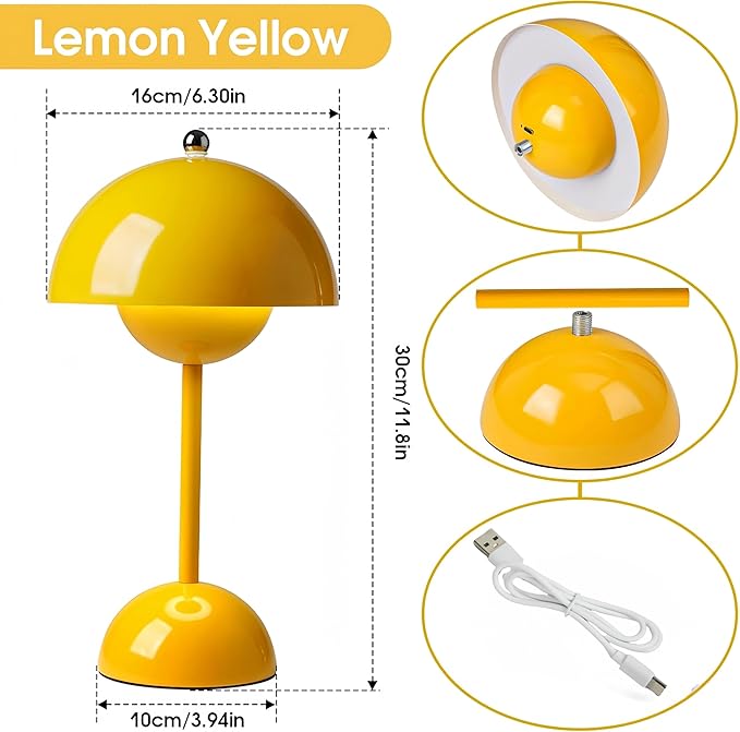 Flower Bud Lamp Modern Flowerpot Cordless Mushroom Touch Table Lamp 3 Mode Dimmable Rechargeable Desk Lamp for Bedroom(Yellow)