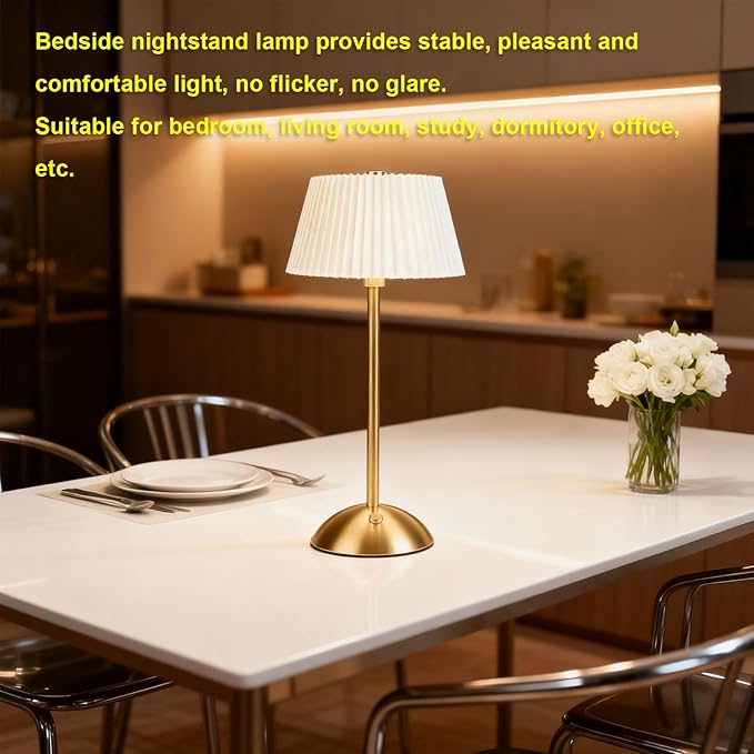 Hyuduo Pleated Table Lamp, Cordless Touch Control with 1200mAh Rechargeable Battery, Portable Nightstand Lamp for Bedroom Living Room Home Office (Beige)