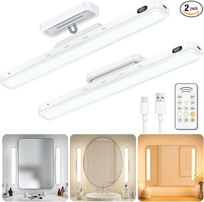 WILLED 3W Rechargeable Vanity Lights for Mirror with Remote Control，Eye-Friendly Mirror Lights Stick on,Adjustable Color Temperatures Makeup Light with Battery Display for Bedroom, Bathroom(2 Pack)