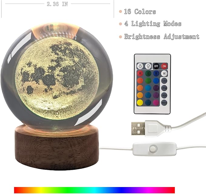 3D Moon Crystal Ball Night Light & Planet Lamp - 2.36" Glass Sphere, Automatic Color Change with 16 Colors & 4 Modes - Ideal Decorative Gift for Boy Girls Friends (3-Moon, 2.36" (Inch))