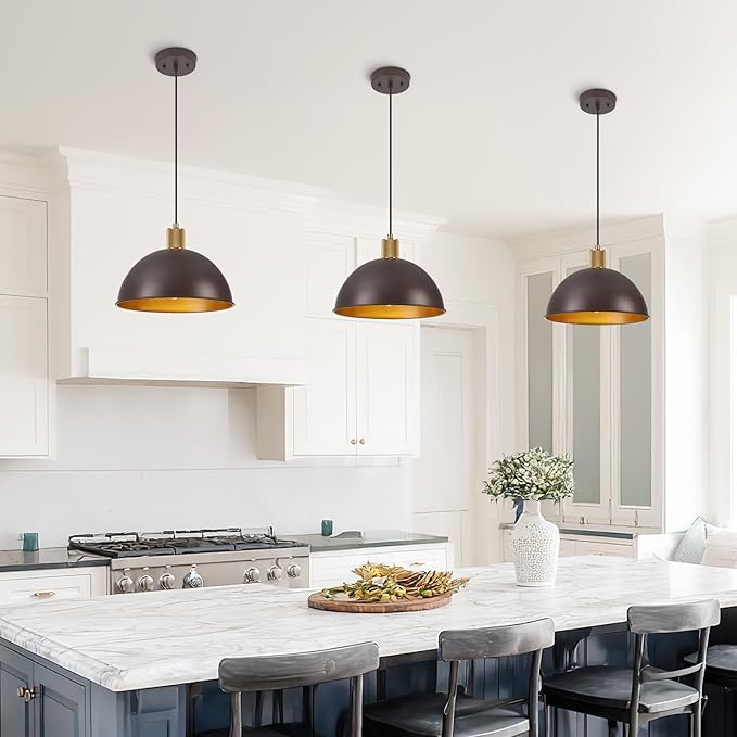 12 Inch Oil Rubbed Bronze Dome Pendant Lights 2 Pack for Kitchen Island, Height Adjustable Farmhouse Industrial Hanging Light Fixtures Over Table for Dining Room, Entryway