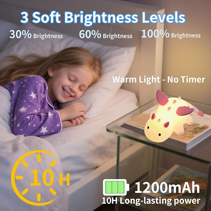 Cute Dragon Kids Night Light, Dinosaur Silicone Lamp with 7 RGB Colors & Warm White, Portable Magnetic Night Light for Home, Rechargeable Decorative Mood Lamp, Birthday Gift for All Ages
