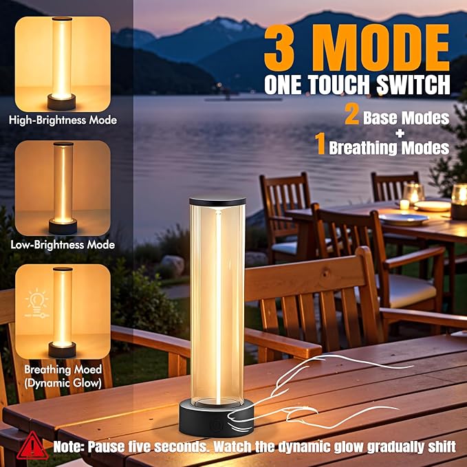 Indoor Outdoor Cordless Table Lamp,Rechargeable Battery Powered Lamp 3-Mode Touch Dimmable,IP54 Waterproof Portable Lamp for Bedside Reading,Patio Grill,Gazebo Party,Camping Tent (Gray, 2 PCS)