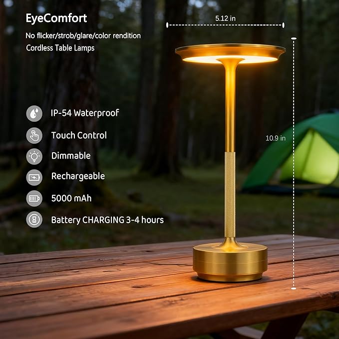 2-Pack Cordless Table Lamps Rechargeable - 5000mAh Battery Operated LED Table Light with Touch Stepless Dimming & 3 Color Modes - Portable Gold Metal Outdoor Lamps for Patio, Restaurant, Dining