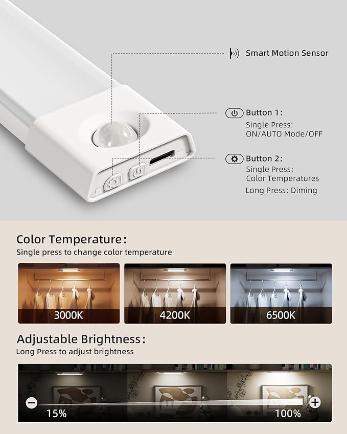 EZVALO 6-Pack Under Cabinet Lighting, Wireless Closet Lights, 50 LED Rechargeable Motion Sensor Light, Dimmable, 3 Color Temperatures, 11.8 inch Counter Lights for Kitchen, Pantry, Bedroom, Wardrobe