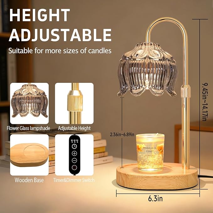 Flower Candle Warmer lamp with Timer Dimmer,Adjustable Height Candle Warmer,Fits All Jar Scented Candles,Christmas Gifts for Mom Women,Candle Lamp for Bedroom Home Decor,Silver Gray