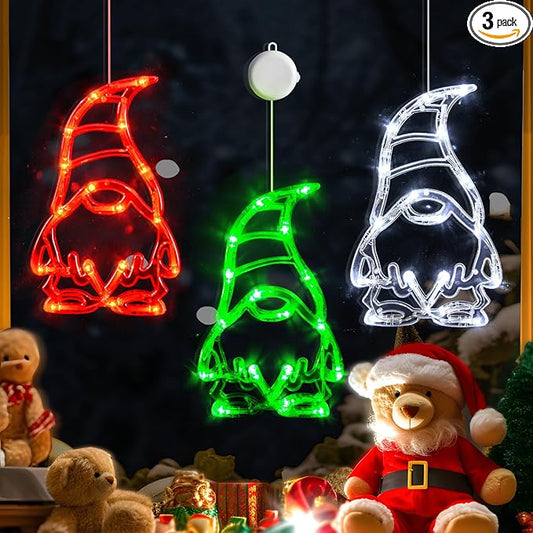 LOLStar Christmas Window Lights 3 Pack Red White and Green Gnomes Xmas Lights with Suction Cups 2025 Upgrade Timer Function and Slowly Fade Mode Battery Operated Indoor Decors Christmas Decorations
