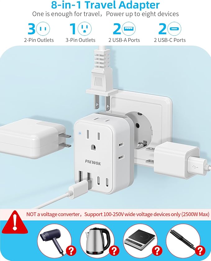 Travel Adapter Set, European Travel Plug Adapter 4 AC Outlets 4 USB Ports (2 USB C), US to UK/EU/South Africa/India, Universal Travel Adapter Kit Include Type G/C/M/D Detachable Plug