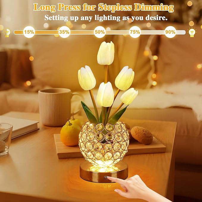 Birthday Gifts for Women/Mom Table Lamp, 3 Color Crystal Flower Bedside Lamps Infinitely Dimming with USB Charge Small Night Light,Nightstand Touch Lamp for Bedroom (A-White)