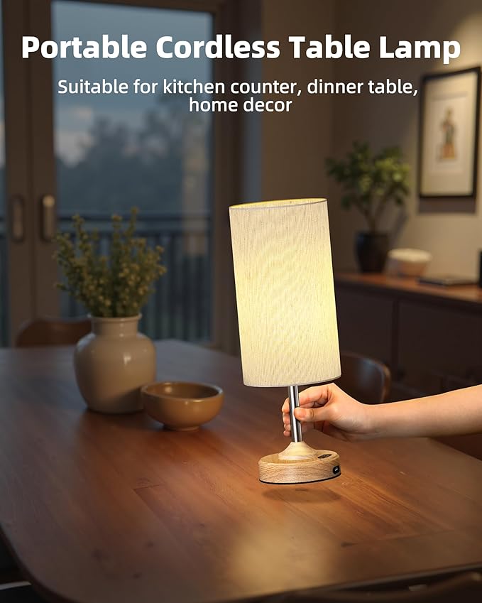 Rechargeable Table Lamp, 2-Pack, Ambient Light, Dimmable, 2700K, Timer, Touch Control, Portable, LED, Wireless, Cordless e, Battery Operated, Desk Lamp, Kitchen Lamp, Fabric Shade, Wood-Grain Finish