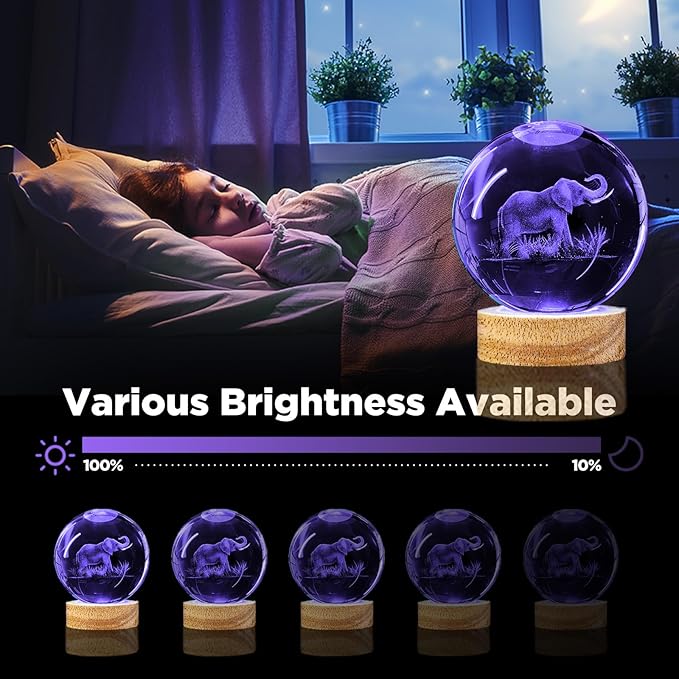 3D Elephant Crystal Ball Night Light Elephant Gifts for Women 3.15 in Figurine Glass Ball Lamp with 16 Color, Home Room Decor Birthday Christmas Gifts for Boy Girl (Upgraded)