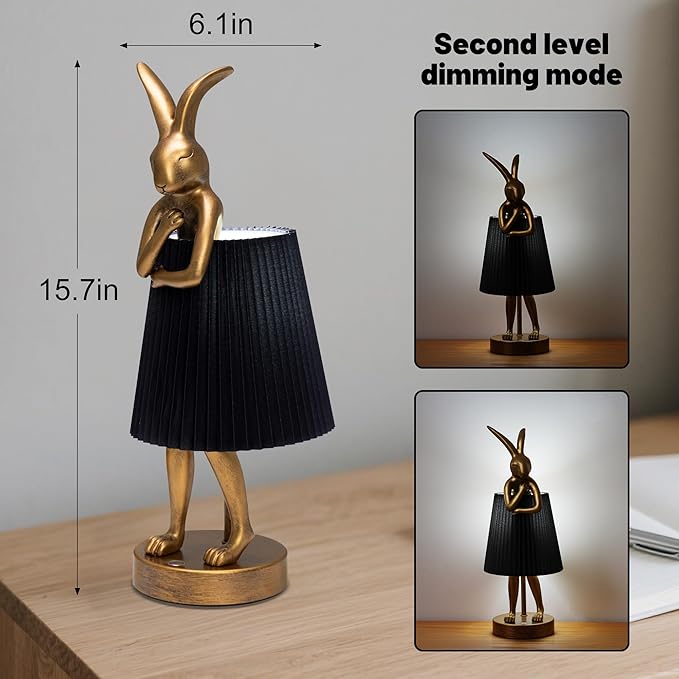 Bunny Rabbit Cordless Table Lamp – 5000mAh Rechargeable Battery Powered LED Night Light Cute Vintage Animal Desk Bedside Lamp with Linen Shade for Kids Room Nursery Home Decor Gift (Black)