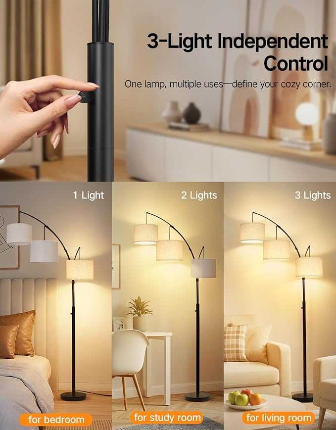 OUTON Arc Led Floor Lamp, Modern 3 Light Arched Tall Floor Lamps for Living Room, Mid Century Adjustable Standing Corner Lamps for Bedroom Office, 3 LED Bulbs Included, Beige Lampshade