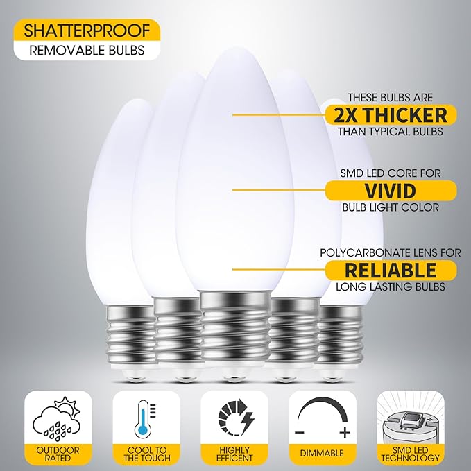 25-Pack Ceramic C9 LED Christmas Light Bulbs, Cool White LED Light Bulbs Holiday Decoration, Cool Christmas Decor for Indoor & Outdoor Use, E17/C9 Intermediate Base (Cool White Smooth)
