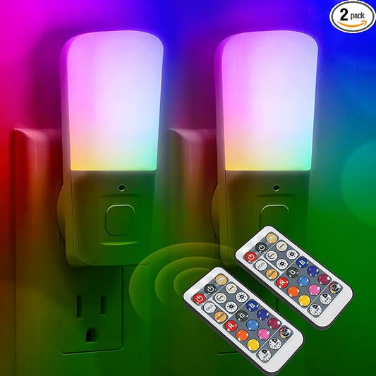L LOHAS LED Kids Night Lights Plug in, RGB Color Changing Plug into Wall Lights Remote, Rainbow Dimmable Girls Night Light Switch, Christmas Home Decor for Kids Room, Bedroom, Hallway, Bathroom, 2Pack