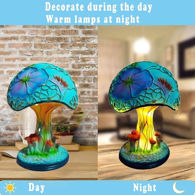 Creative Glass Resin Mushroom Table Lamp, 5.9 Inch Stained Glass Mini Night Light, Bohemian Decoration for Bedroom, Living Room, Home Office - Gifts