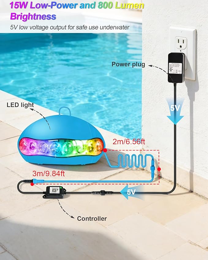 INDARUN 5V RGB Color Changing Led Pool Light with Smart IC, 15W Low Power Underwater Pool Light with Remote Control, IP68 Waterproof, for Pool Party, Fountain, Pond, Garden