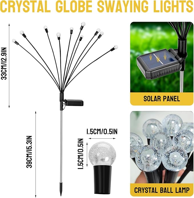 Firefly Solar Garden Lights, 10 LED Crystal Ball Sway by Wind, Outdoor Fairy Lights for Yard Patio Flower Bed Pathway Wedding Halloween Christmas Holiday Decoration (Warm, 2)