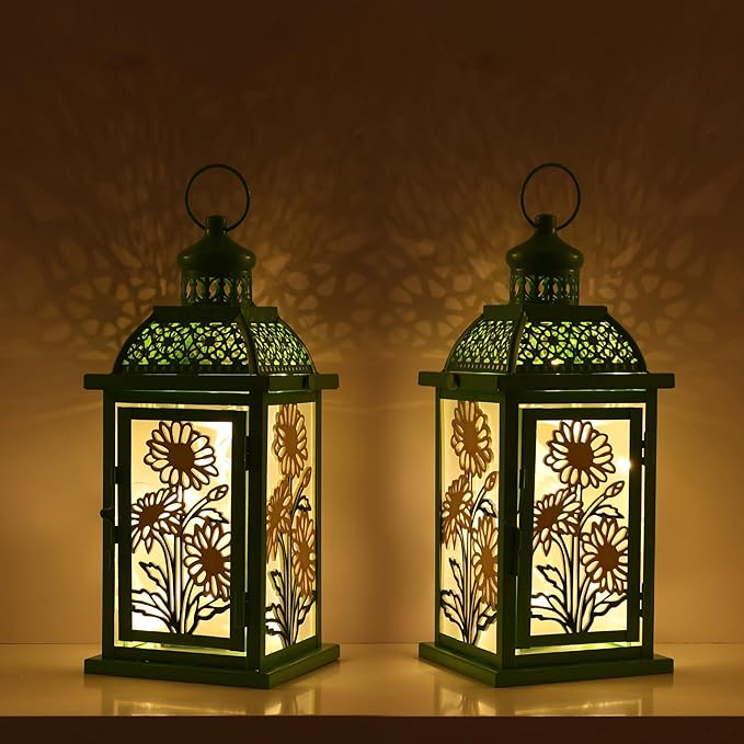 DECORKEY Spring Decorations for Home, 14.4" Decorative Daisy Green Lantern with 61" LED Lights(No Battery) for Home Indoor Outdoor Decor, Hanging Metal Candle Holders for Spring St.Patrick’s Day Gift