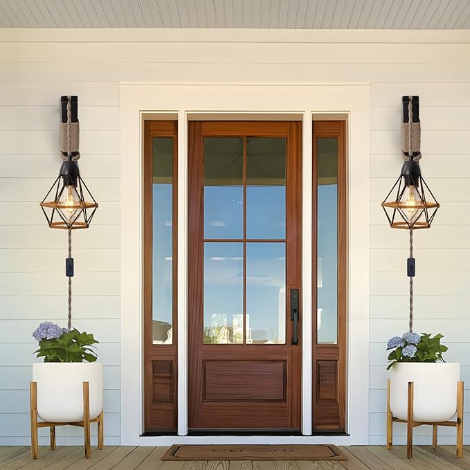 SEEBLEN Plug in Wall Light Sconce Set of 2,Farmhouse Wall Lamp with Plug in Cord On/Off Switch,Industrial Lamp with Metal Cage for Bedroom Headboard Living Room.