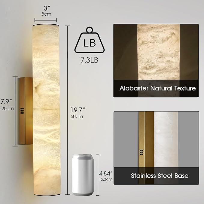 Gold Alabaster Wall Sconces Set of 2, Spanish Natural Marble Wall Sconce, 20" Brass Wall Sconce for Bathroom, Indoor Stone Wall Sconces Dimmable, Alabaster Wall Light for Living Room, Bedroom, Hallway