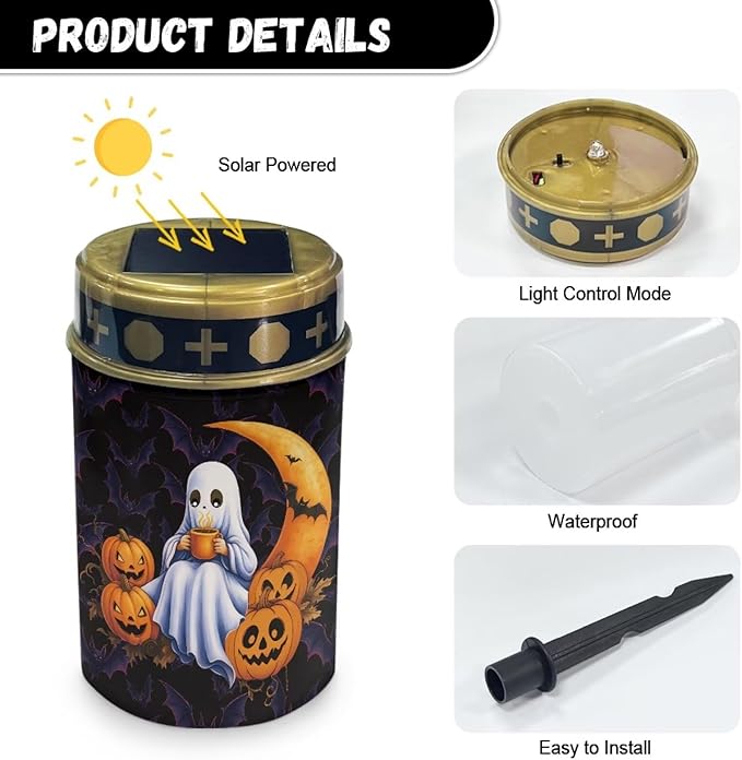 Halloween Prayer Cemetery Solar Lights for Grave Cemetery Cute Ghost Moon Candle Lamp Solar Powered Landscape Lights Halloween Decorations