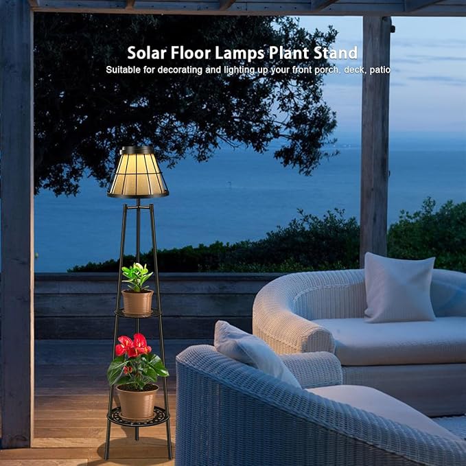 2 Pack Solar Floor Lamps Outdoor with 2-Tier Plant Stand, Metal Tall Planter Holder with Waterproof LED Lantern, Decorative Patio Light & Flower Pot Display Rack for Garden, Deck, Porch, Balcony