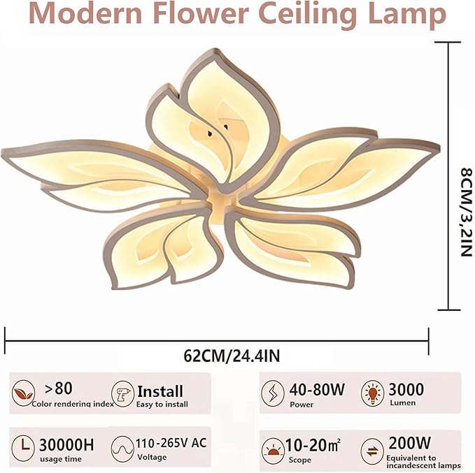 Modern Ceiling Light with Remote Control and APP, 40-80W 24.4” Dimmable LED Chandelier Flush Mount Ceiling Lights, Acrylic Leaf Flower Ceiling Lamp Fixture for Living Room Dining Room Bedroom