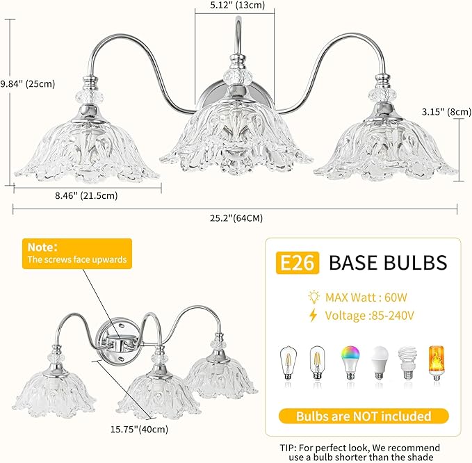 Brushed Chrome 3-Light Bathroom Vanity Light with Floral Clear Glass Shades, Modern Wall Mount Lighting for Bathroom, Dressing Table
