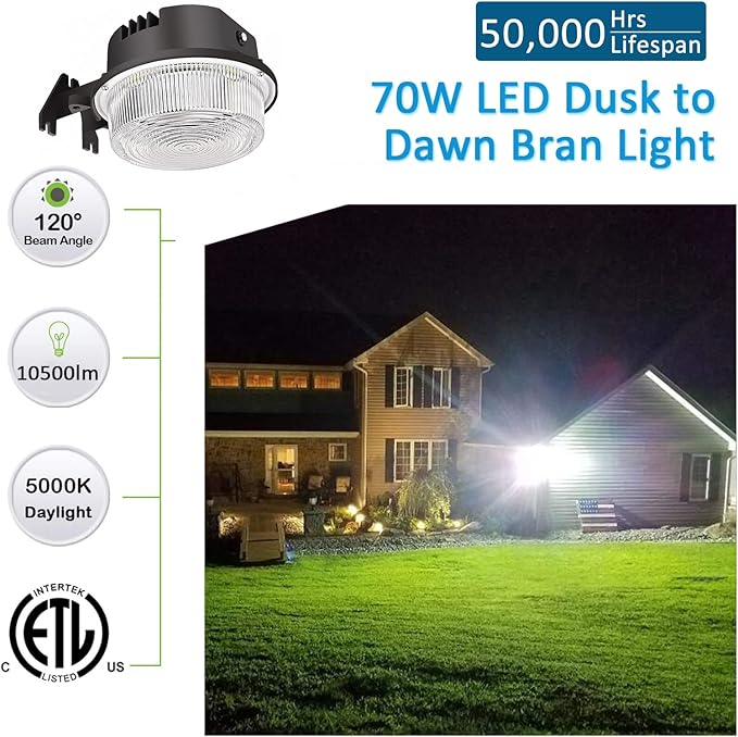 LED Barn Light 70W, Dusk to Dawn Outdoor Light with Photocell, LED Yard Area Light 5000K Daylight 10,500lm 700W MH/HPS Replacement, AC100-277V IP65 Waterproof for Farmhouse Garage, ETL Listed