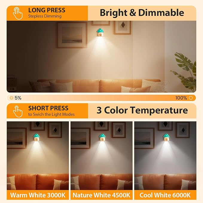 Motion Sensor Night Light, Rechargeable Stair Lights Indoor,3 Lighting Modes, Cute Mushroom Design for Kid's Bedroom, Kitchen, Bathroom, Hallway & Stairs - Ideal Home Decor & Gift, Green
