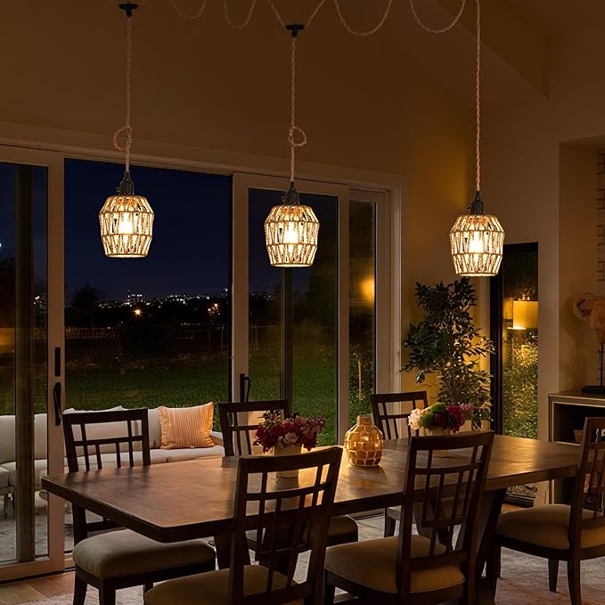 3 Light Plug in Pendant Light Rattan Hanging Lights with Switch 22FT Industrial Ceiling Light,Plug in Cord with Woven Hemp Rope Lamp Shade, Hanging Lamp Cord Farmhouse Cable DIY