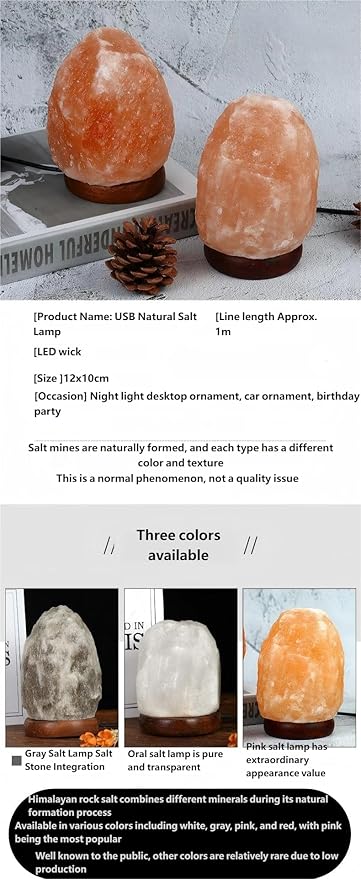 Himalayan Salt Lamp with USB Power, Natural Shape, Color-Changing LED and Warm White Light, Wooden Base Night Light (B, Monochrome)