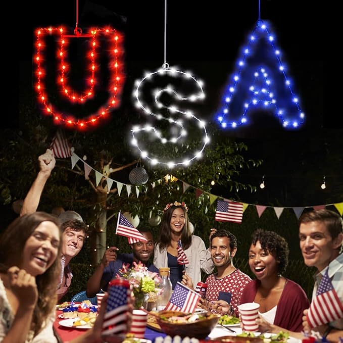 4th of July Window String Lights, USB Powered Twinkle Light for Independence Day Decorations, Memorial Day & Wedding Lights - Red White Blue Hanging Light with 68 LEDs for Trees & Home Decor